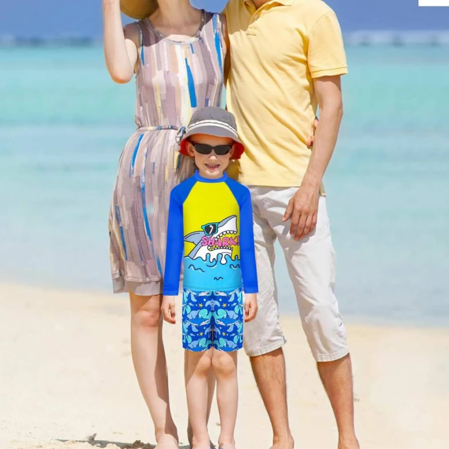 Sylfairy Boys' Long Sleeve Rash Guard Swimsuits 2-Piece Set UPF 50+ Sun Protection Swimwear for Kids