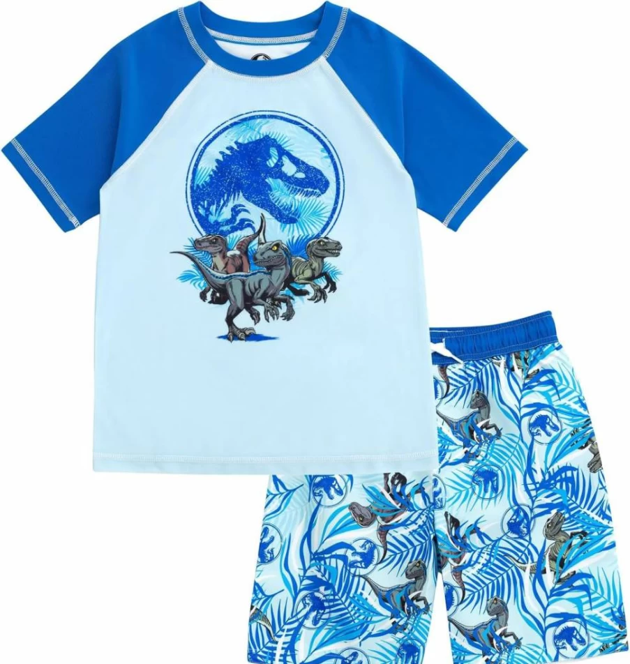 Jurassic World Kids UPF 50+ Sun Protective Swim Shirt & Trunks Set - Dinosaur Themed Rash Guard & Shorts for Boys & Girls (Sizes 4-16)