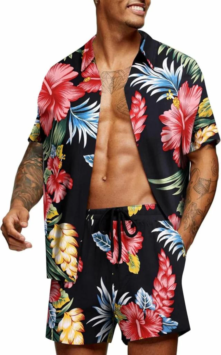 COOFANDY Men's Tropical Print Hawaiian Shirt and Shorts Set - Summer Beach Vacation Outfit