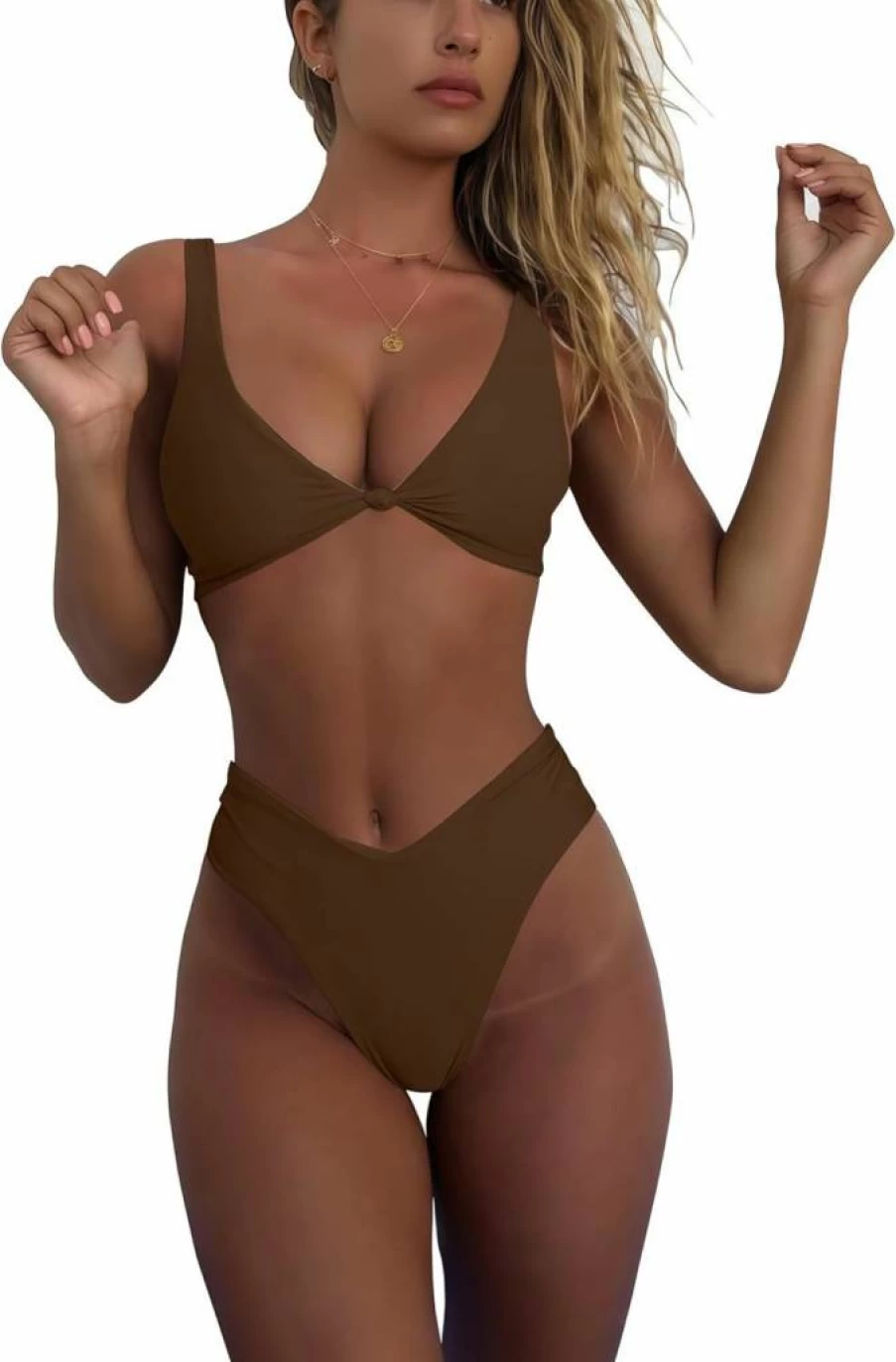 Geluboao Women's Push Up Bikini Set Solid V Neck High Leg Thong Two Piece Swimsuit