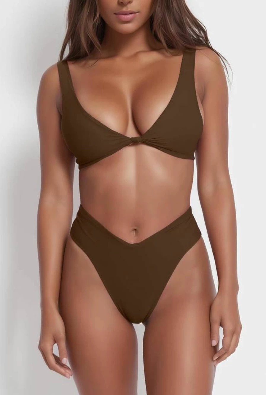 Geluboao Women's Push Up Bikini Set Solid V Neck High Leg Thong Two Piece Swimsuit