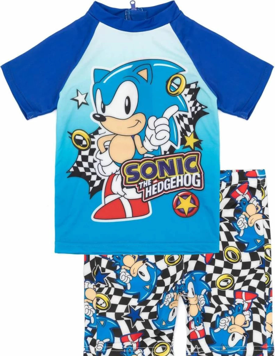 Sonic The Hedgehog Kids' 2-Piece Swim Set - Blue T-Shirt & Checkered Swim Shorts with Rings Design