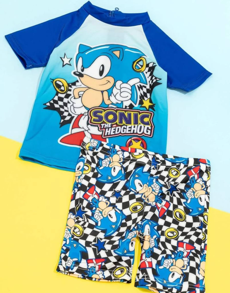 Sonic The Hedgehog Kids' 2-Piece Swim Set - Blue T-Shirt & Checkered Swim Shorts with Rings Design