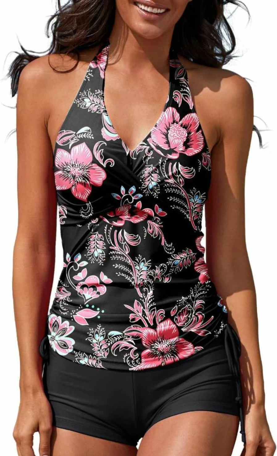 MISSVOG Women's Halter Padded Adjustable Tankini Swimsuit Two Piece Set with Boyshorts Drawstring Bikini
