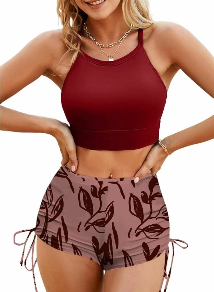Herseas Women's High Waisted Bikini Set - Floral Print Criss Cross Top & Boyshorts Swimwear Two Piece Bathing Suit