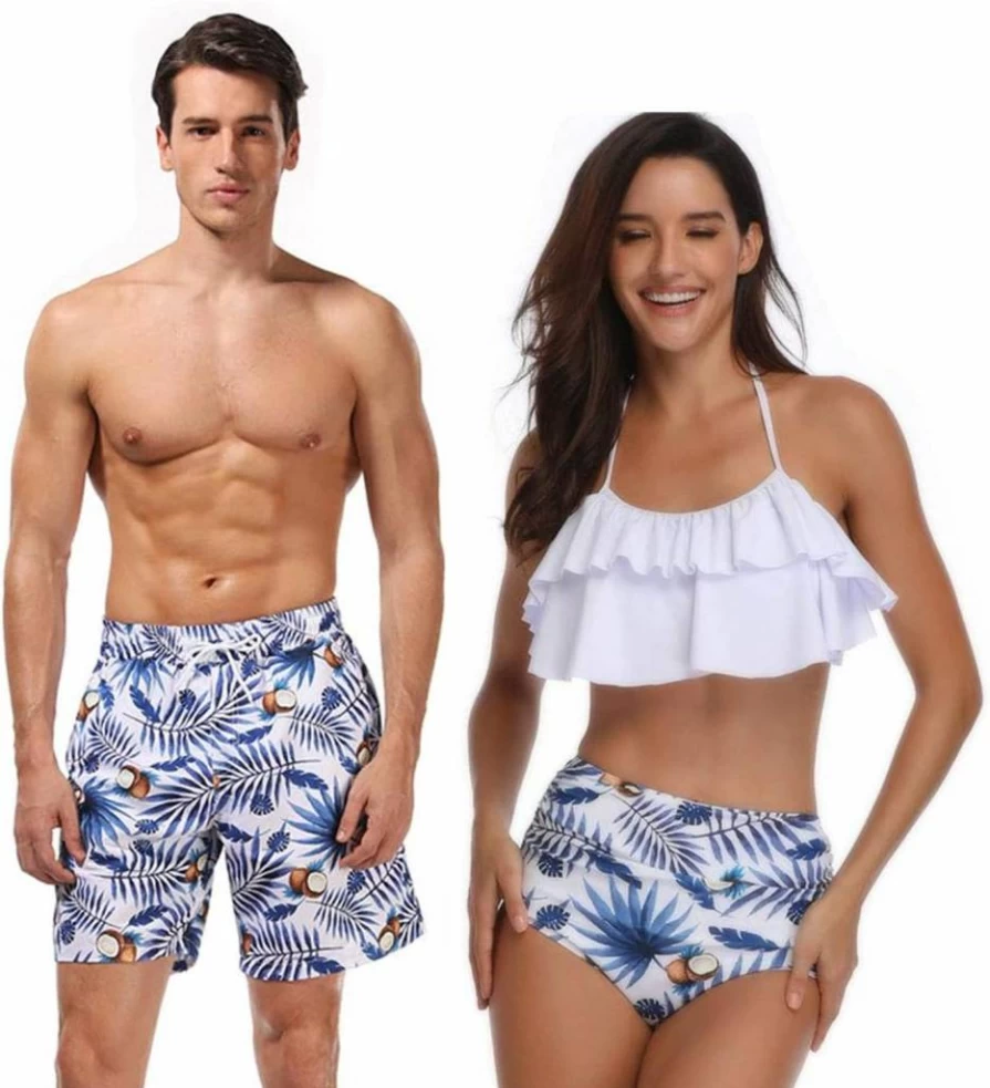 Ulikeey Blue Coconut & Leaves Matching Couples Swimsuit - Men & Women Beach Bathing Suits