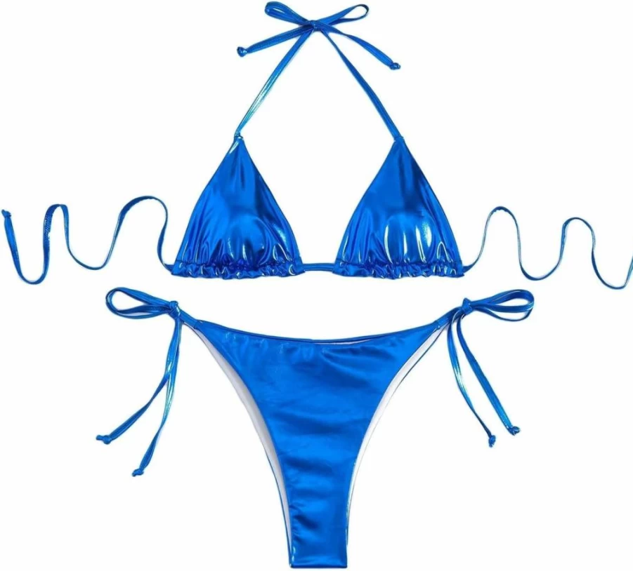 Falainetee Women's High Waisted Metallic Shiny Bikini Set - Triangle Tie Side Swimsuit for Women