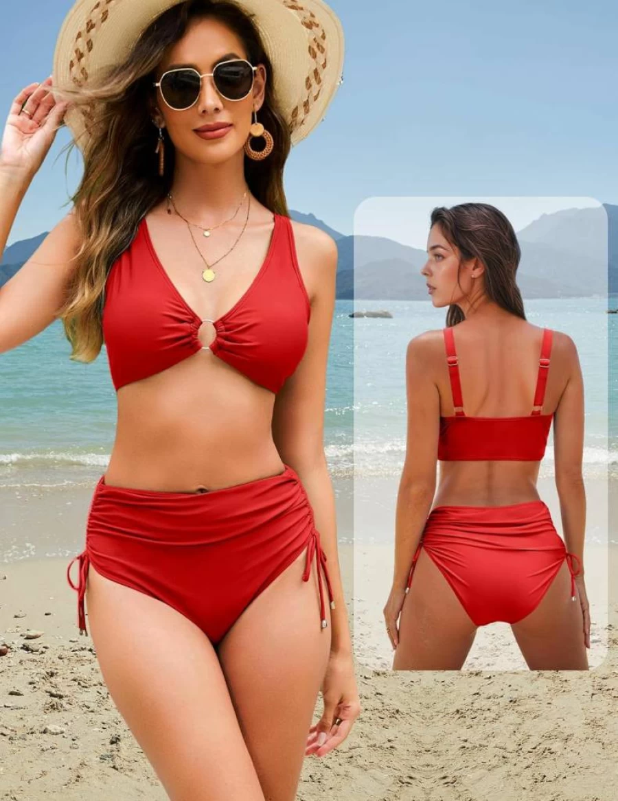 Gleeneat Women's High Waisted Bikini Set with O-Ring & Drawstring Tummy Control Two Piece Swimsuit Bathing Suit
