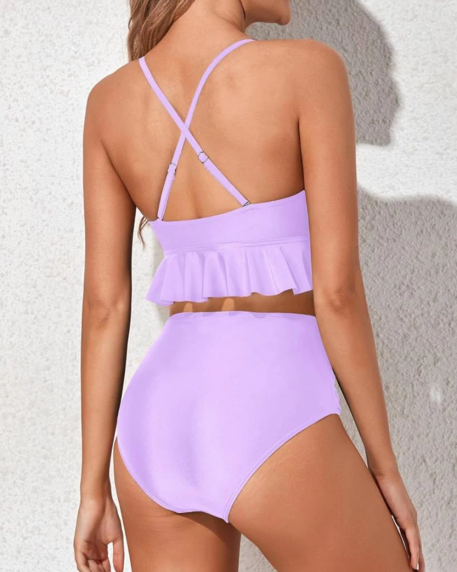 Tempt Me Women's High Waisted Bikini Set - Ruffle Flounce Two Piece Swimsuits with Tummy Control Bathing Suit