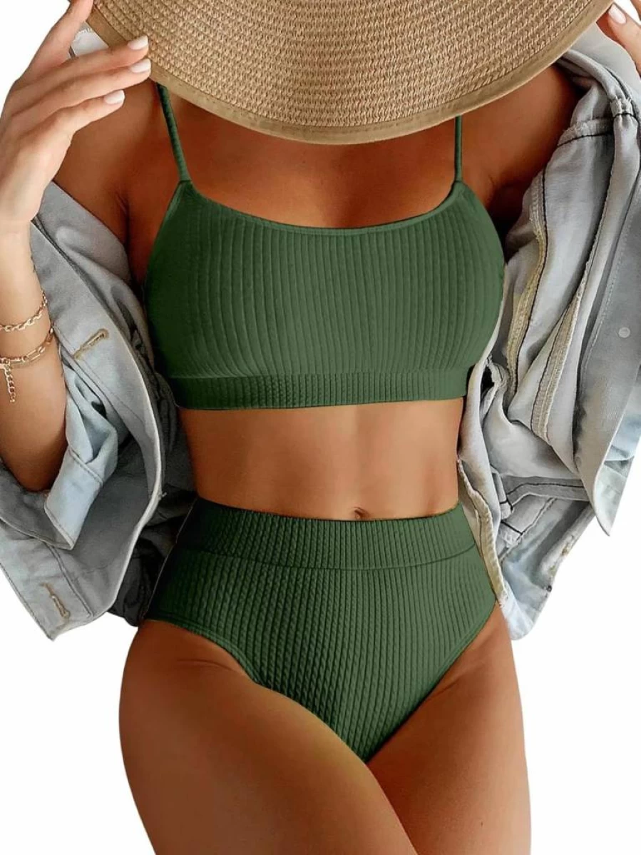Lilosy High Waisted Bikini Set 2 Piece - Tummy Control Ribbed Crop Top & Brazilian Swimsuit