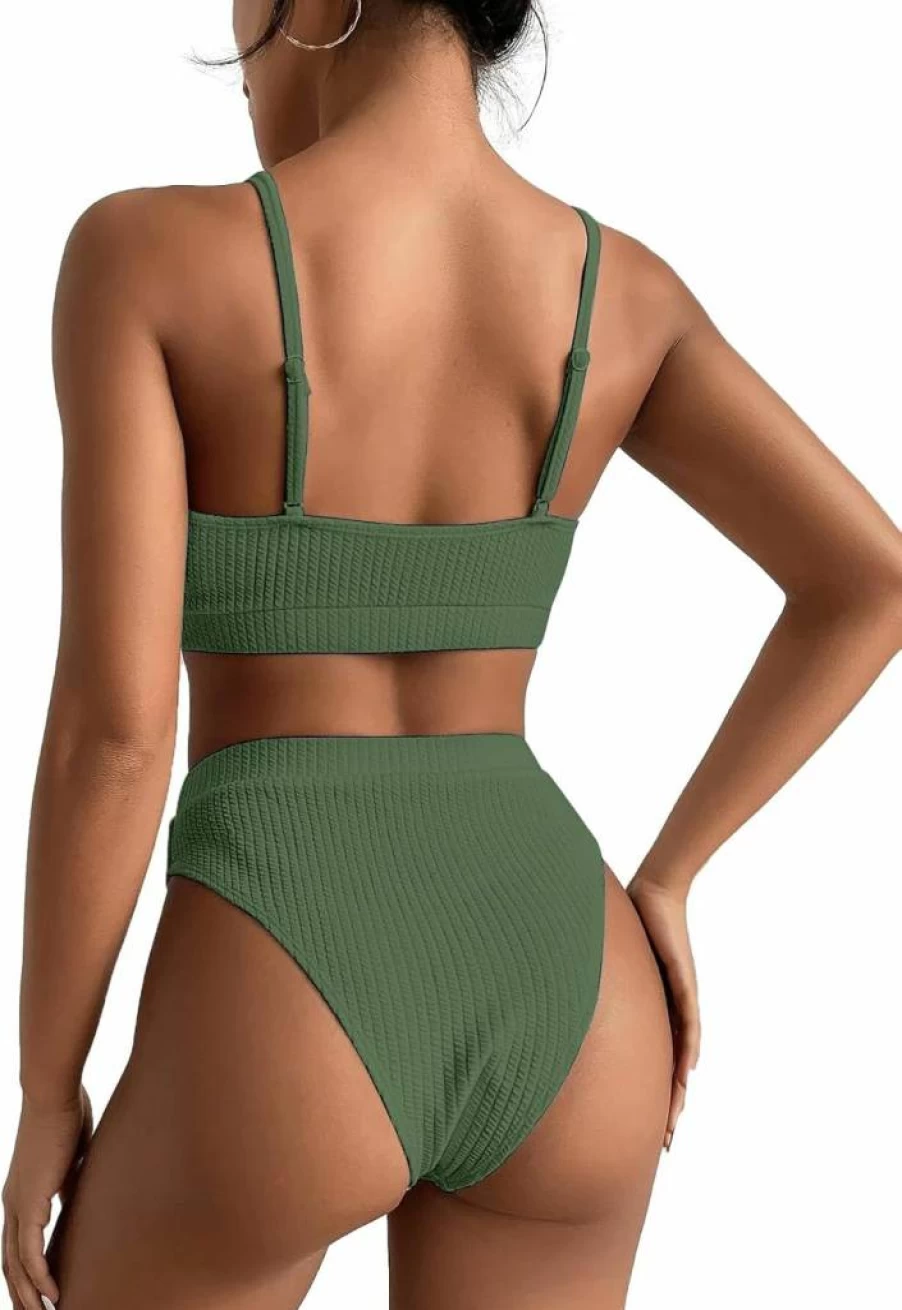 Lilosy High Waisted Bikini Set 2 Piece - Tummy Control Ribbed Crop Top & Brazilian Swimsuit