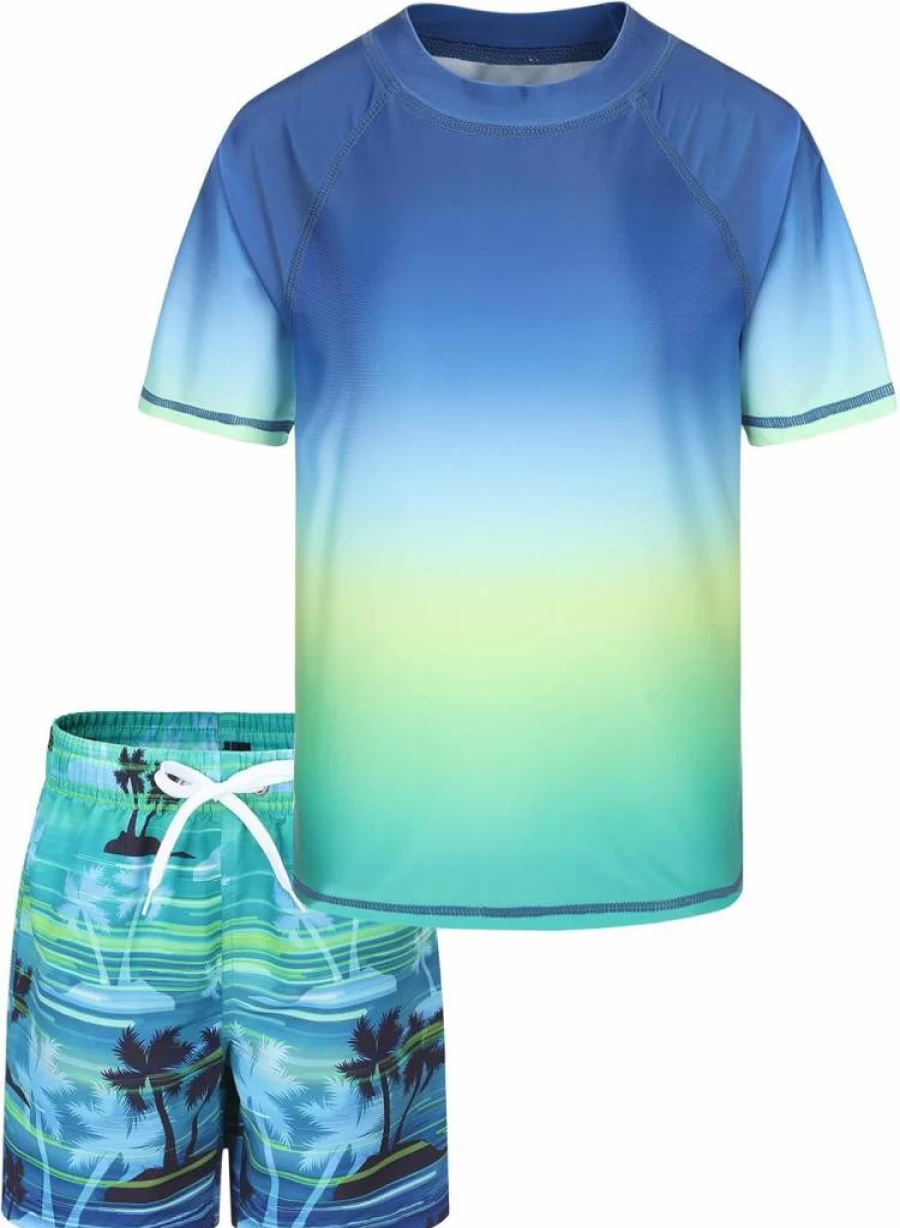Aisyee Boys 2-Piece Quick Dry Swim Set - Short Sleeve Rash Guard & Swim Trunks for Active Kids