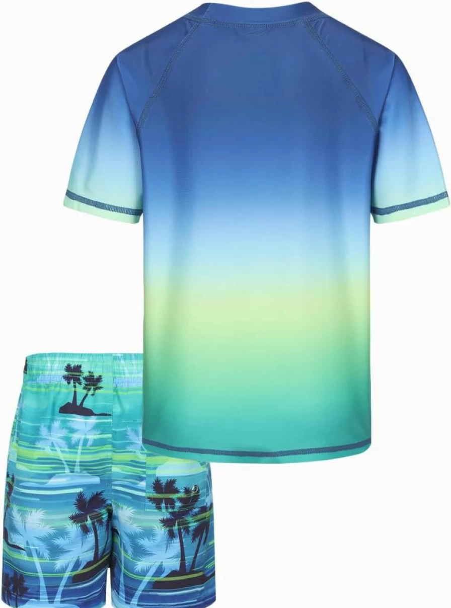 Aisyee Boys 2-Piece Quick Dry Swim Set - Short Sleeve Rash Guard & Swim Trunks for Active Kids