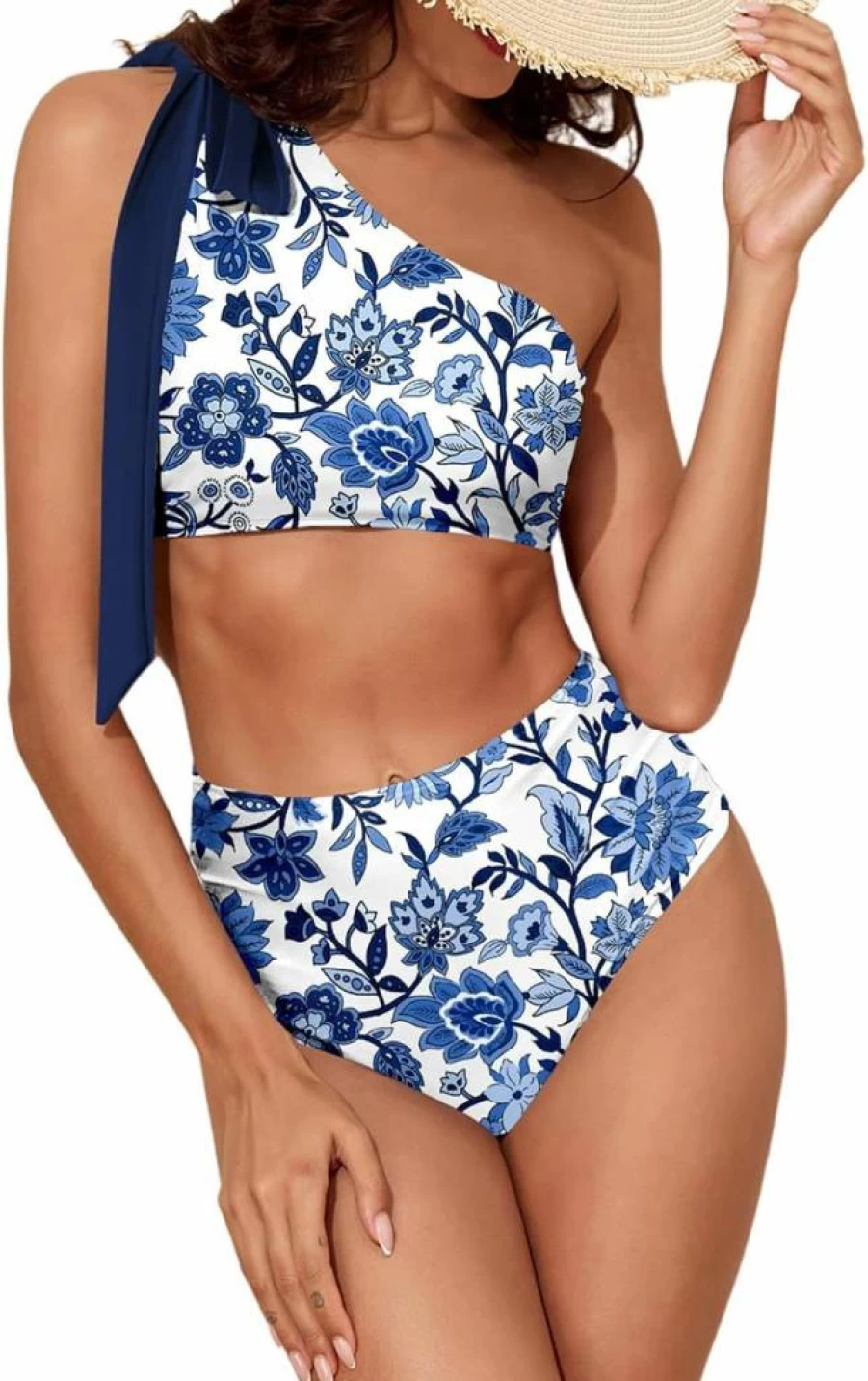 Herseas Women's Elegant One Shoulder Bow Bikini Set - Ruched 2 Piece Swimsuit for Women