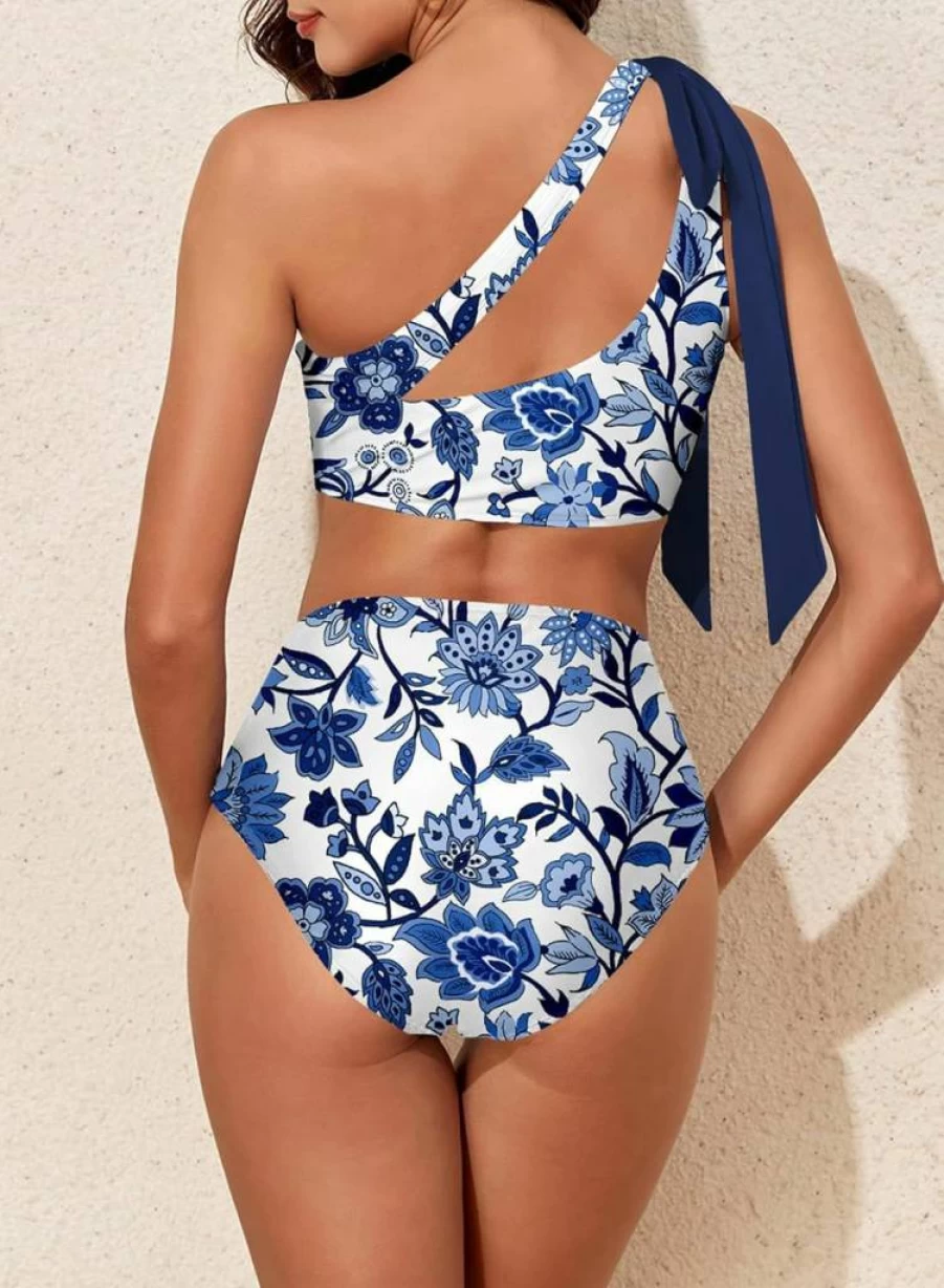 Herseas Women's Elegant One Shoulder Bow Bikini Set - Ruched 2 Piece Swimsuit for Women