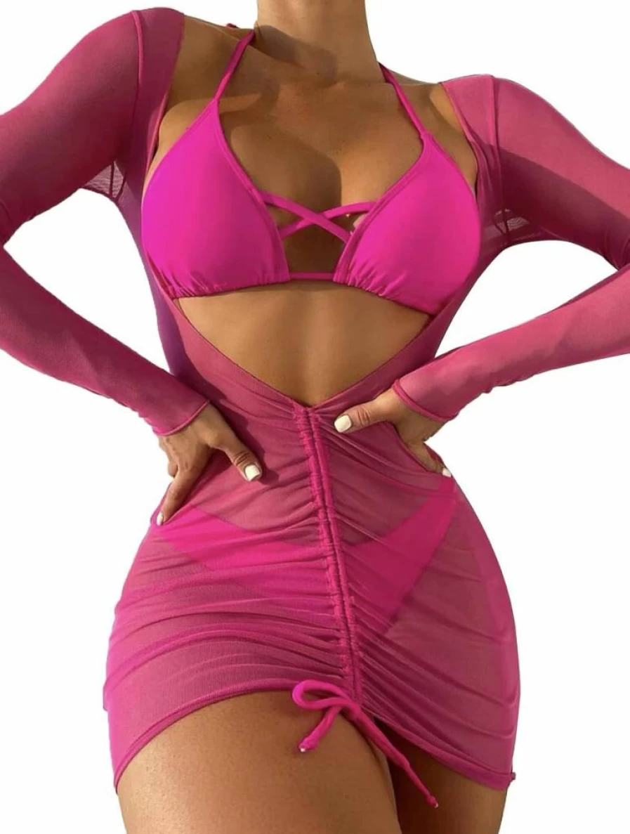 SherryDC Women's Sexy Halter Triangle Bikini Set with Long Sleeve Cover Up - 3 Piece Swimwear Bathing Suit