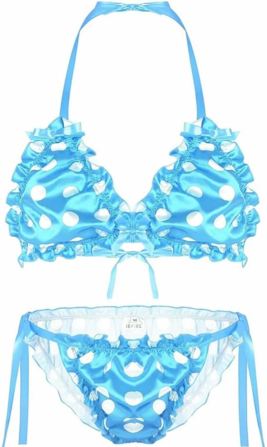 Hularka Men's Silky Polka Dot Lingerie Set - 2 Piece Bra Top and Thong Panty Bikini Swimsuit