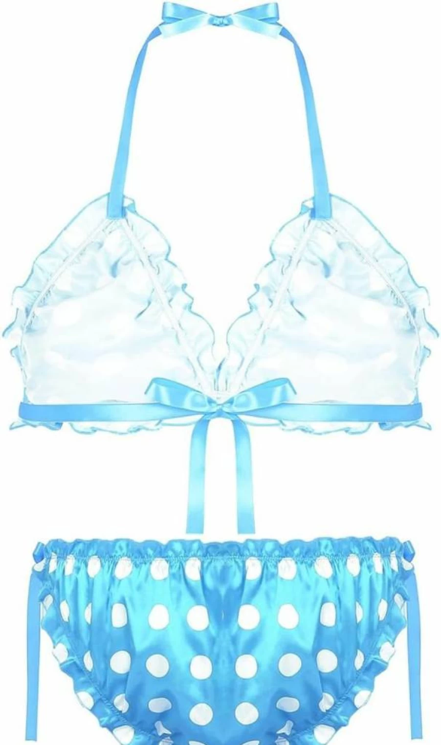 Hularka Men's Silky Polka Dot Lingerie Set - 2 Piece Bra Top and Thong Panty Bikini Swimsuit