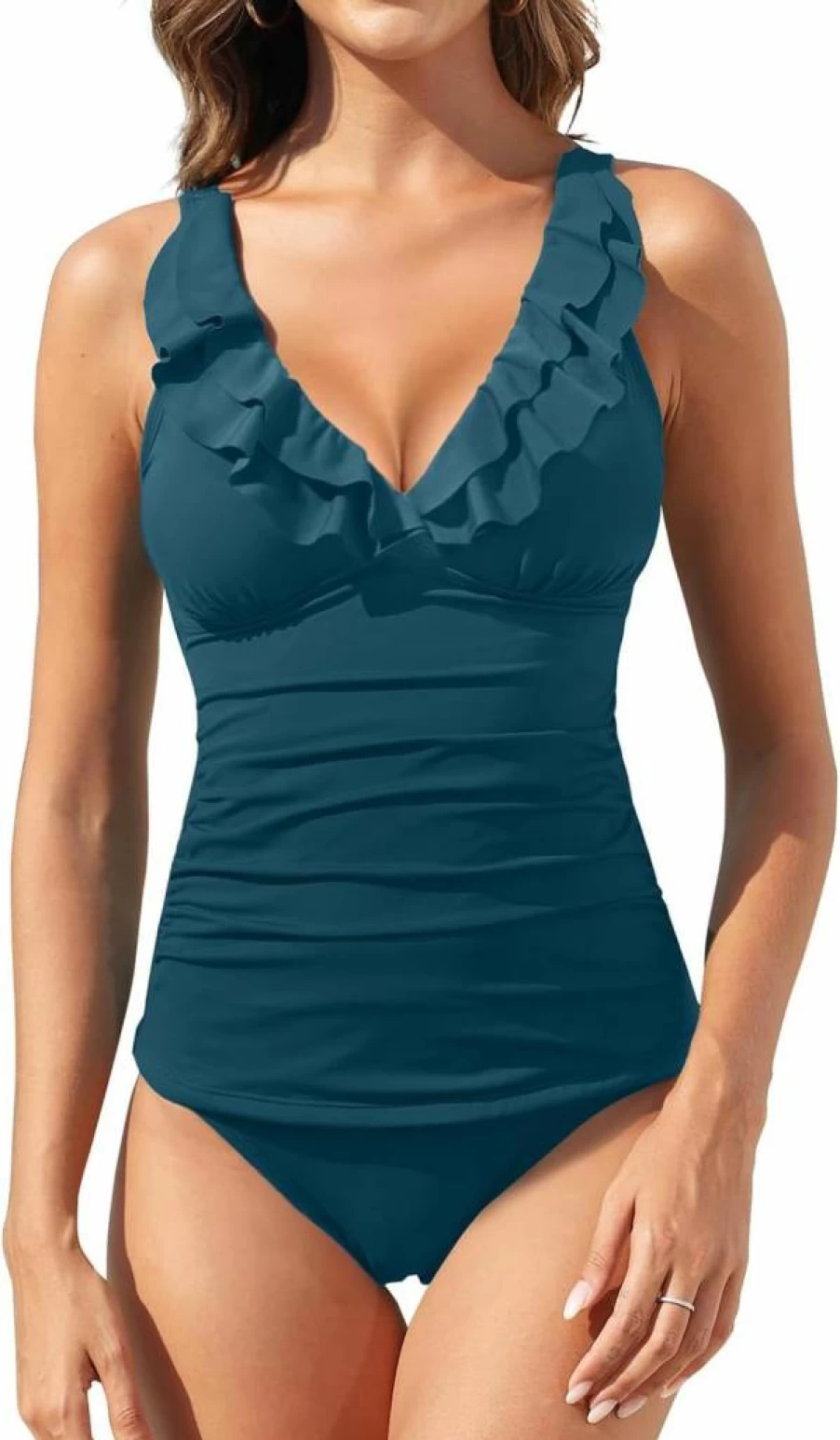 Yonique Women's Ruffle Flounce Tankini Two Piece Swimsuits - Tummy Control V Neck Bathing Suits Swimwear