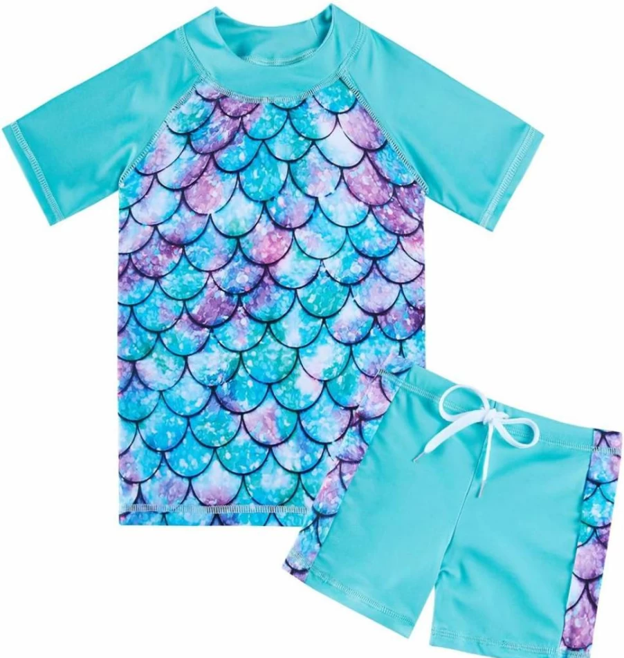 Lovekider UPF 50+ Girls Rash Guard Swim Set - Short Sleeve Two-Piece Bathing Suit with Sun Protection for Toddlers & Kids 3-12 Years