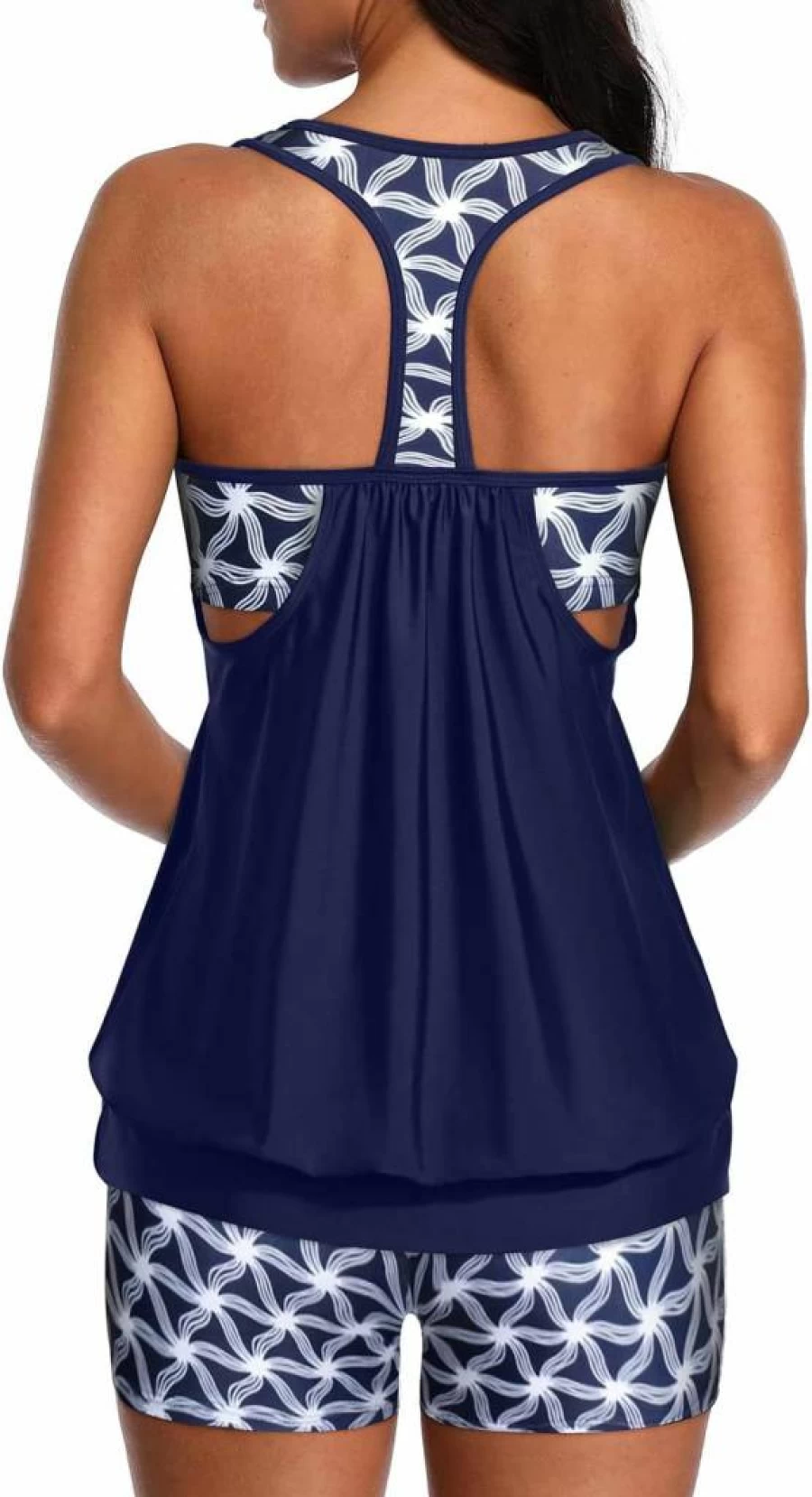 Yonique Women's Sporty T-Back Tankini Swimwear Set - Blouson Swim Top & Boy Shorts Bathing Suit