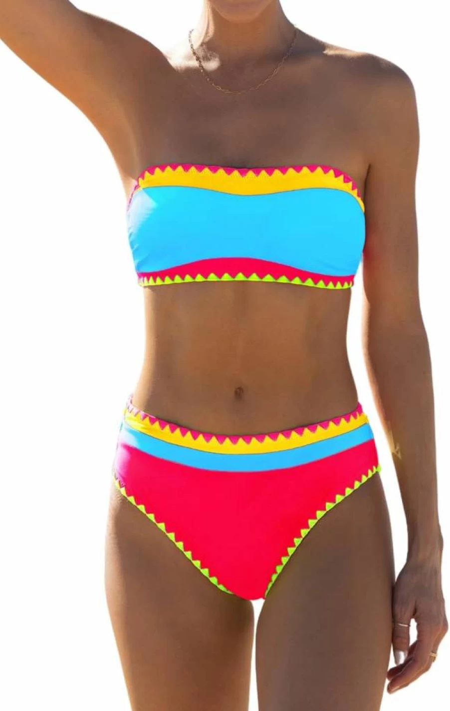 Popvil Women's Neon Color Block Strapless Bikini Set - Two Piece Bandeau Swimwear for Beach & Vacation 2025