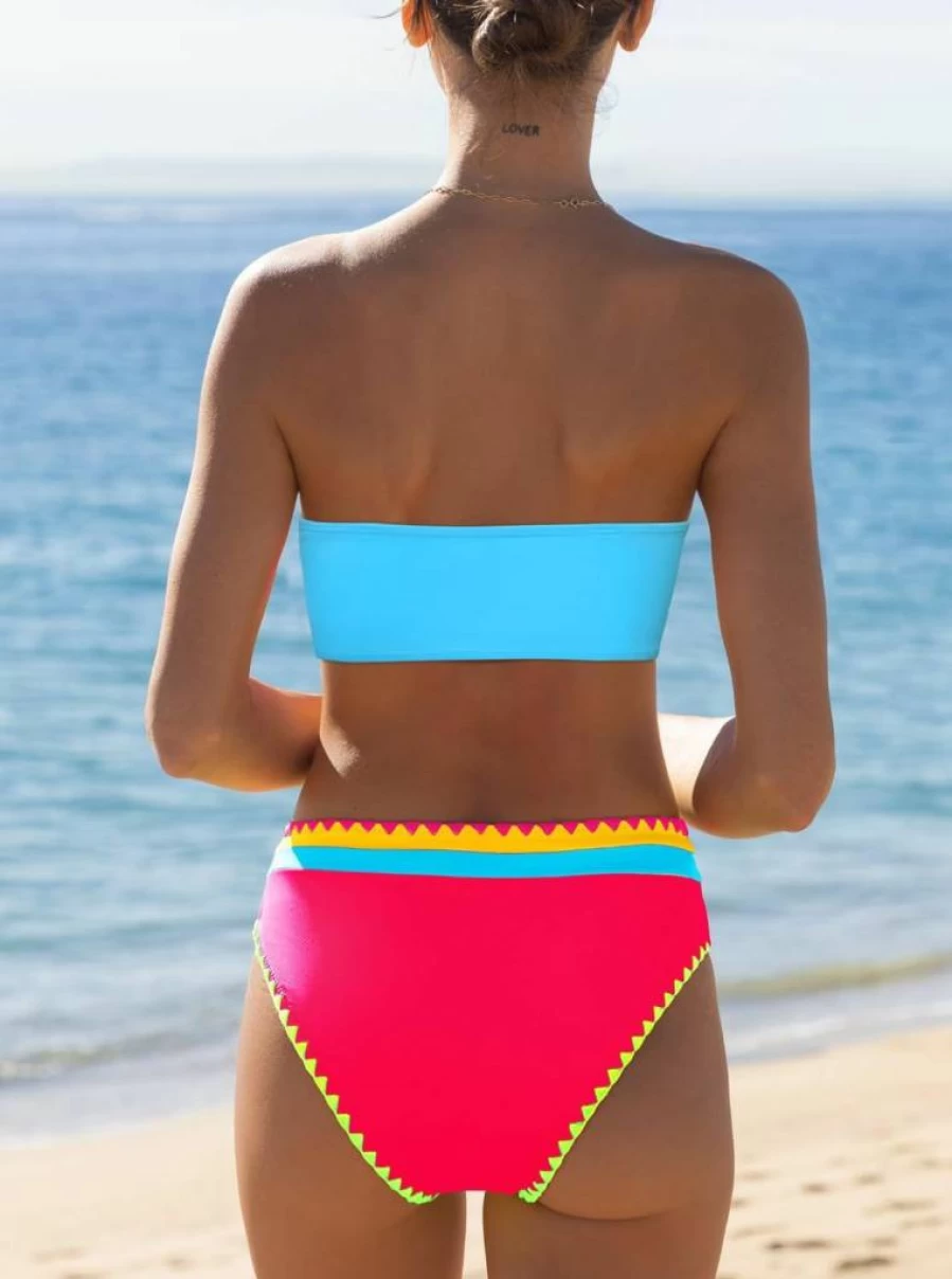 Popvil Women's Neon Color Block Strapless Bikini Set - Two Piece Bandeau Swimwear for Beach & Vacation 2025