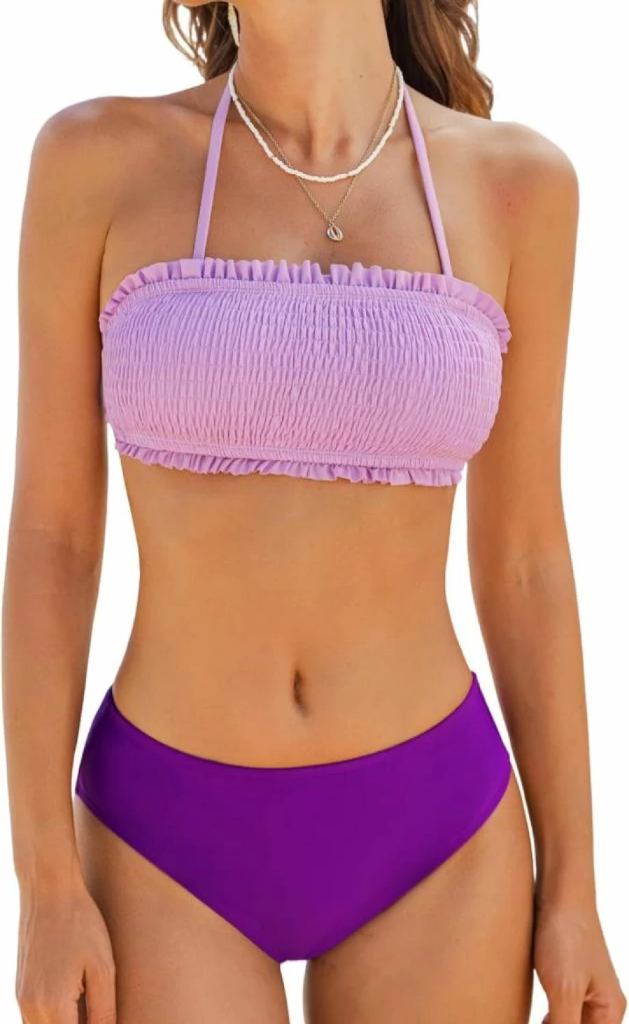 CUPSHE Women's Bikini Set - Adjustable Bandeau Top & Mid Waist Swim Bottoms with Detachable Straps Two Piece Swimsuit