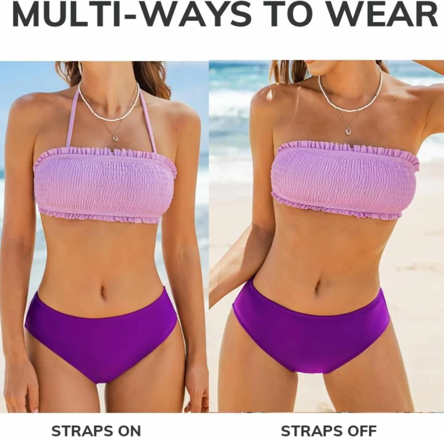 CUPSHE Women's Bikini Set - Adjustable Bandeau Top & Mid Waist Swim Bottoms with Detachable Straps Two Piece Swimsuit