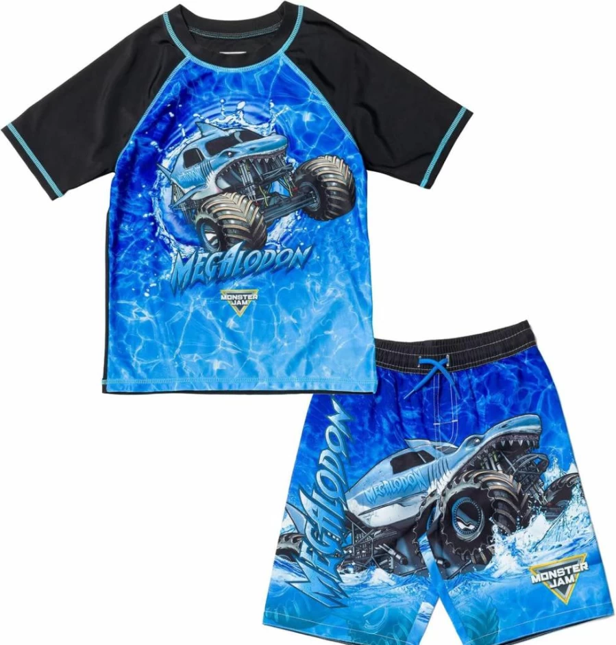 Monster Jam UPF 50+ Kids Rash Guard and Swim Trunks Set - Grave Digger, El Toro Loco, Megalodon Designs for Toddler to Big Kid