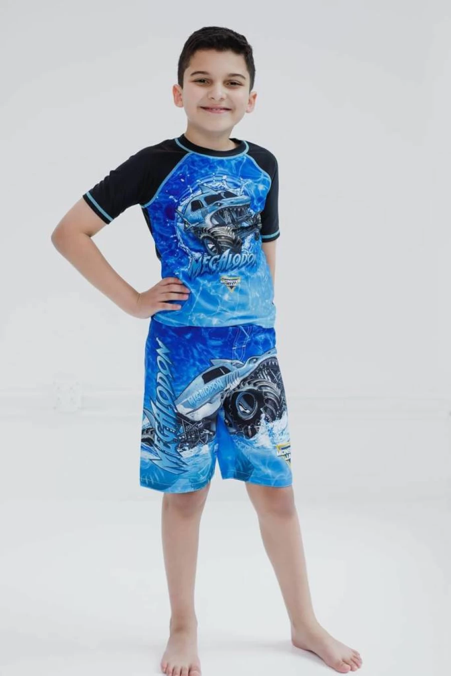 Monster Jam UPF 50+ Kids Rash Guard and Swim Trunks Set - Grave Digger, El Toro Loco, Megalodon Designs for Toddler to Big Kid