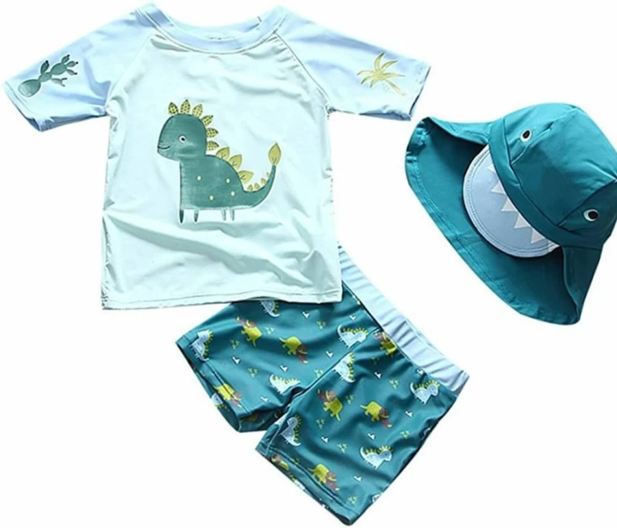 Yober Boys' Dinosaur 2-Piece Swim Set with UPF 50+ Rash Guard & Hat for Baby Toddler Beach Pool