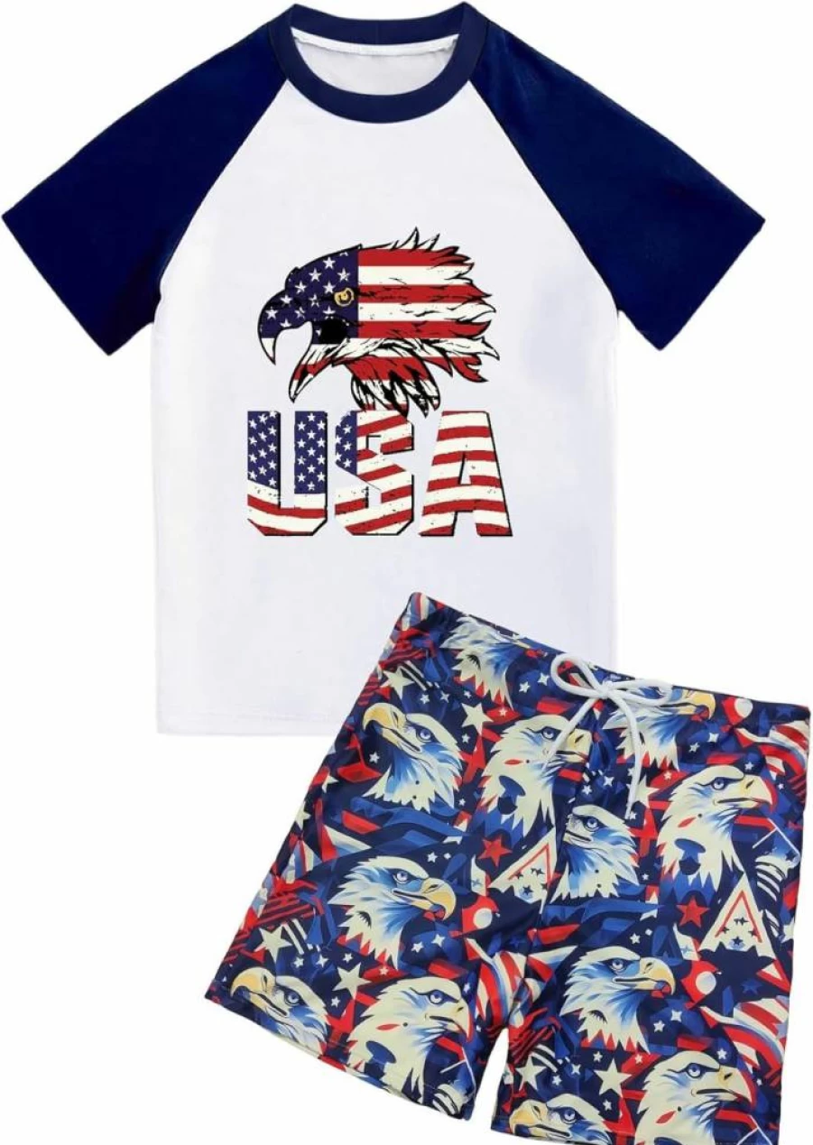 BOMDEALS Boys 4th of July Patriotic Swim Trunks and Rash Guard 2-Piece Set - USA Flag Eagle Swimwear for Kids