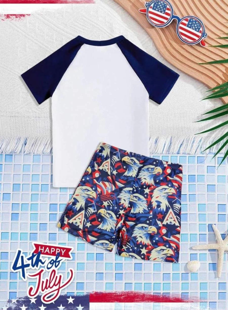 BOMDEALS Boys 4th of July Patriotic Swim Trunks and Rash Guard 2-Piece Set - USA Flag Eagle Swimwear for Kids