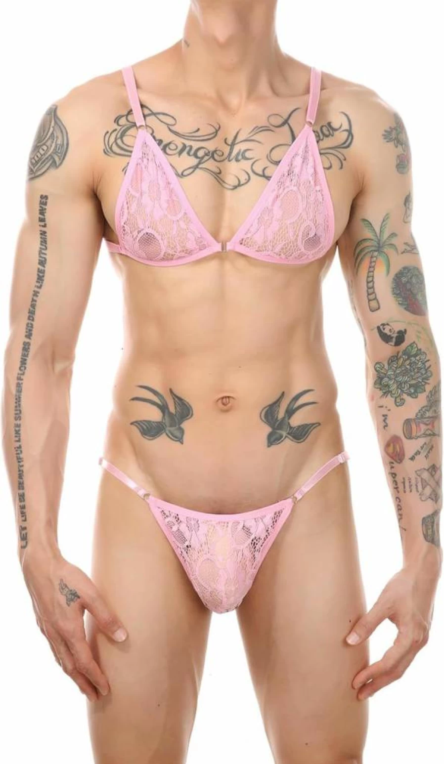 HMLFTIE Men's Lace Trim Bikini Lingerie Set - Sissy Bra & Thong Underwear for Crossdressing, Gay Nightwear
