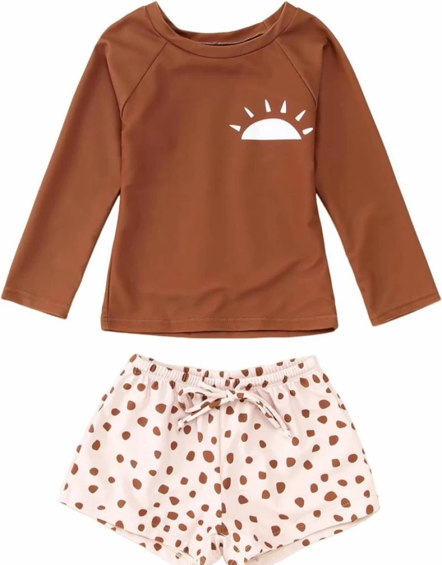 MODNTOGA Toddler Swimwear 2-Piece Set Long Sleeve Sun Protection Swim Suit for Baby Boys Girls Funny Beach Graphic Kids Bathing Suit