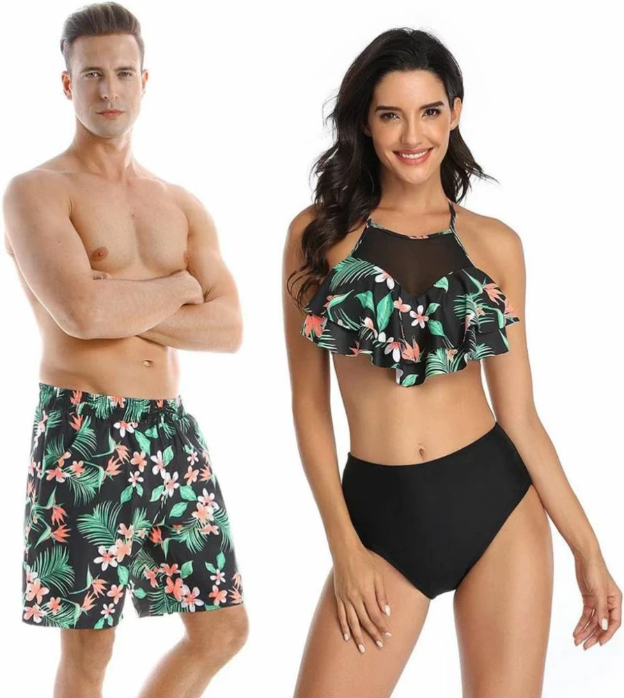 Ulikeey Matching Couples Swimwear Set - Floral Bikini & Green Leaf Swim Trunks for Beach Vacation