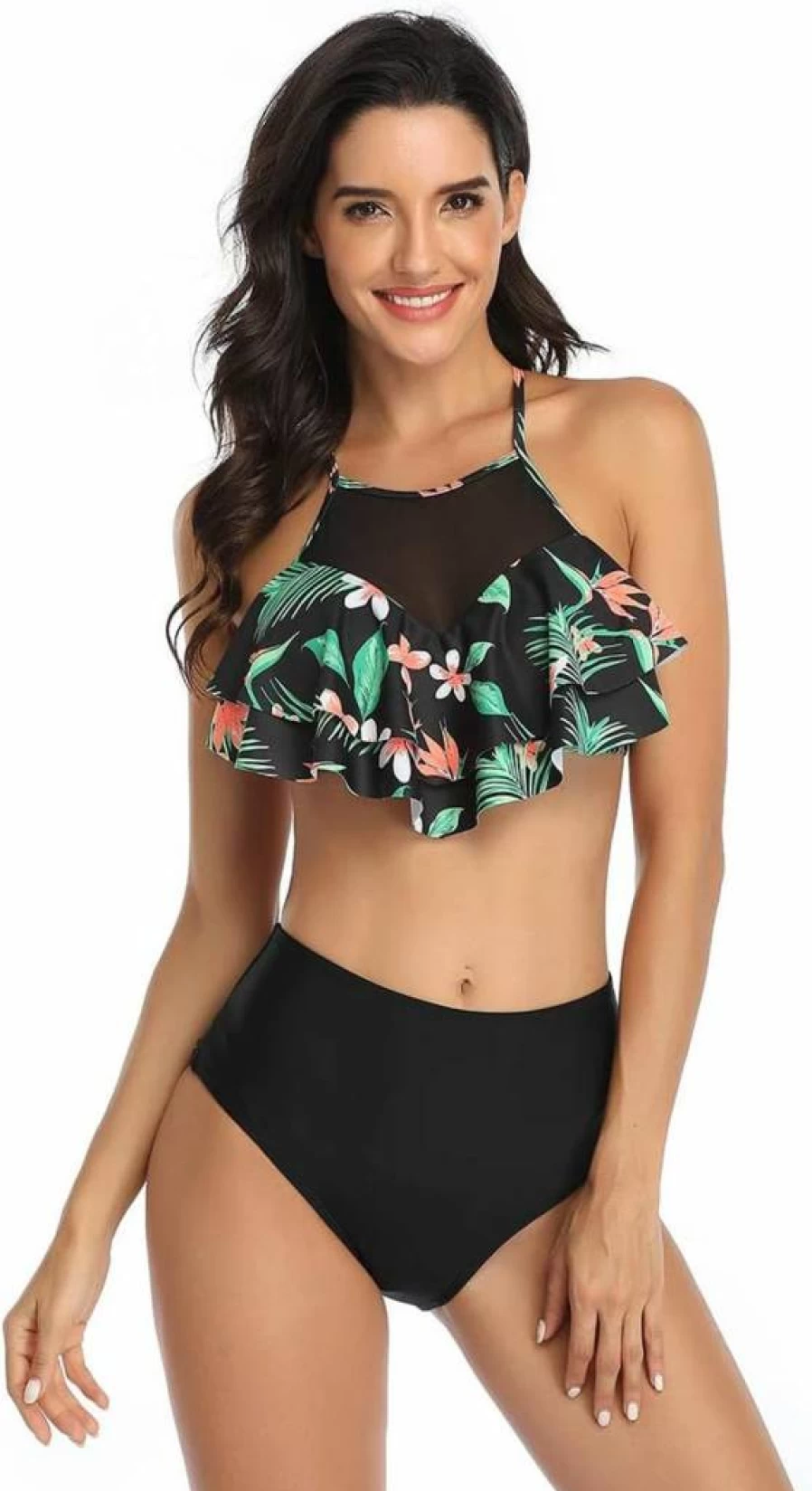 Ulikeey Matching Couples Swimwear Set - Floral Bikini & Green Leaf Swim Trunks for Beach Vacation