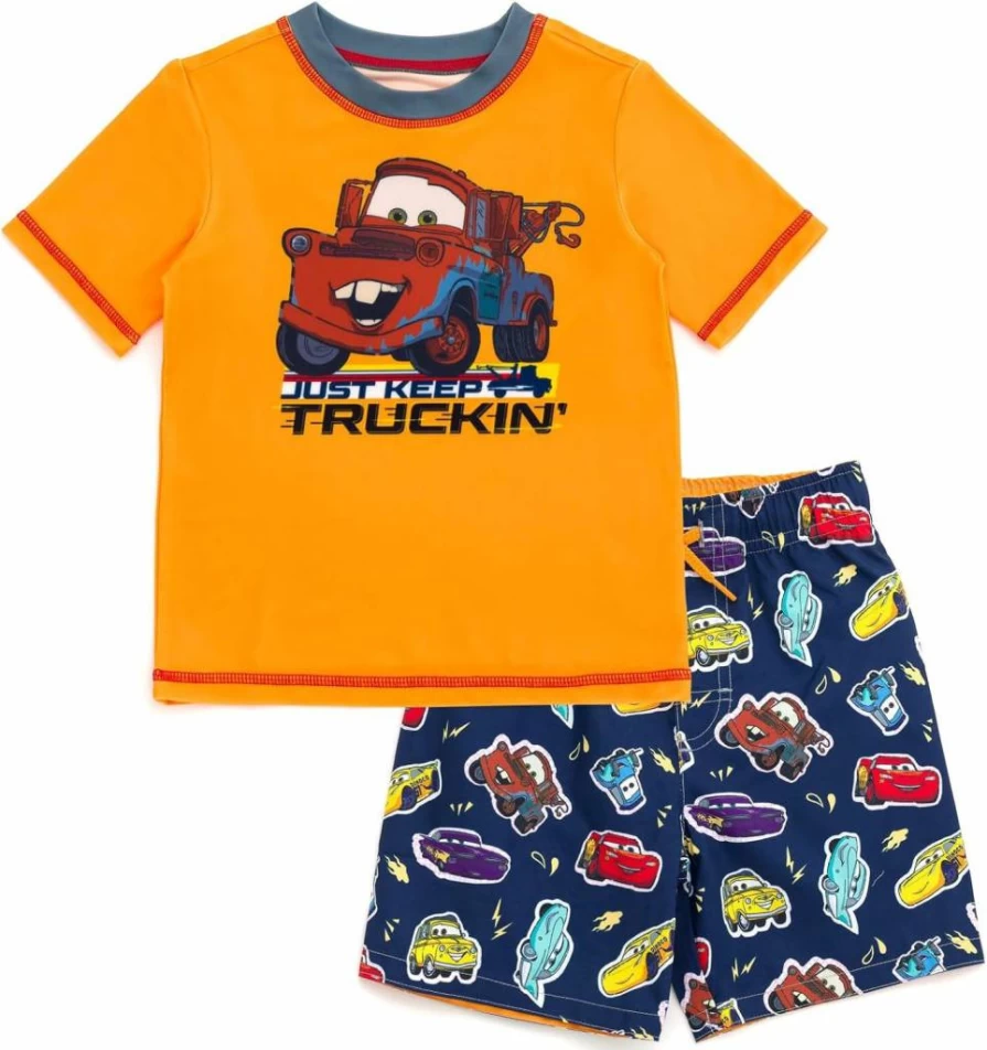 Disney Cars Rash Guard and Swim Trunks Set for Toddler to Kids (2T-8) - UPF 50+ Swimwear Outfit