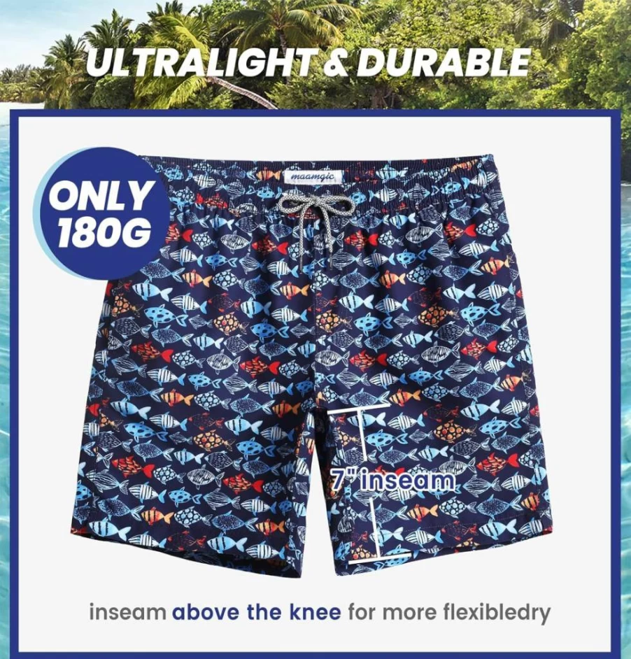 Maamgic Men's 7 Inch Slim Fit Quick Dry Swim Shorts with Mesh Lining - Lightweight Bathing Trunks for Swimming & Beach