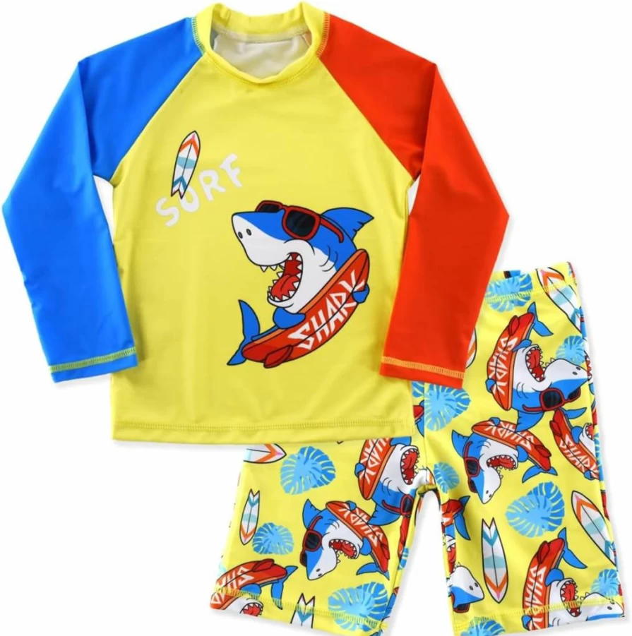 SINOLY Boys Long Sleeve Rash Guard Swimsuits 2-Piece Sun Protection Swimwear Set for Kids