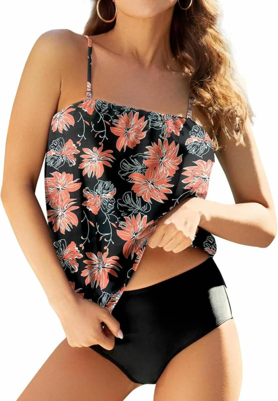 Chenghe Women's Two-Piece Bandeau Tankini Swimwear - Loose Blouson Swim Top & Tummy Control Bikini Bottom Bathing Suit