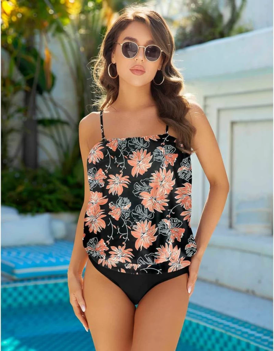 Chenghe Women's Two-Piece Bandeau Tankini Swimwear - Loose Blouson Swim Top & Tummy Control Bikini Bottom Bathing Suit