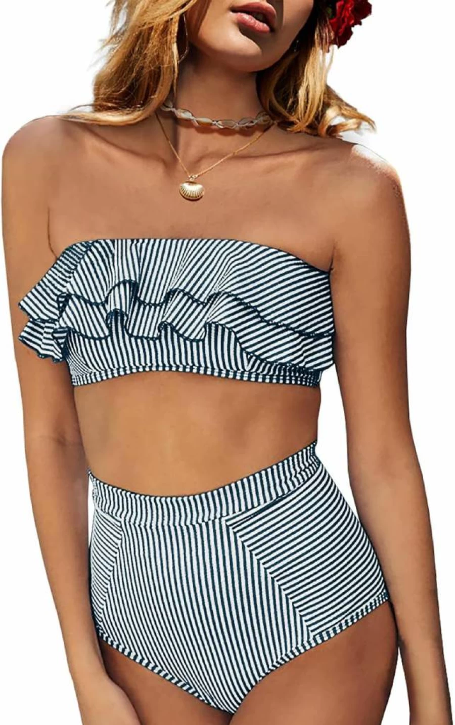 Saodimallsu Women's Striped High Waist Bikini Set - Ruffle Bandeau Swimsuit Top & Bottom Bathing Suit