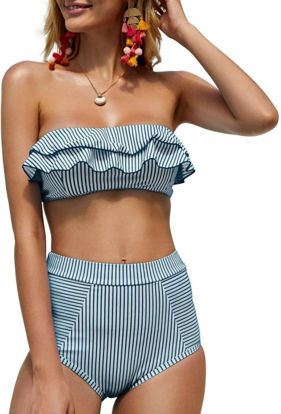 Saodimallsu Women's Striped High Waist Bikini Set - Ruffle Bandeau Swimsuit Top & Bottom Bathing Suit