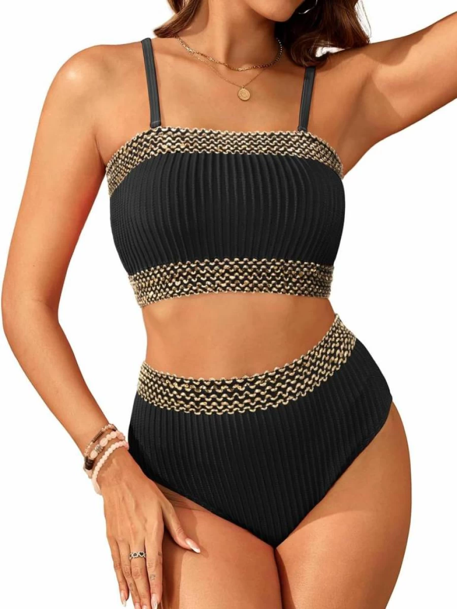 Daci Women's Ribbed High Waist Bandeau Bikini Set - Strapless Two Piece Swimwear Full Coverage Bathing Suit