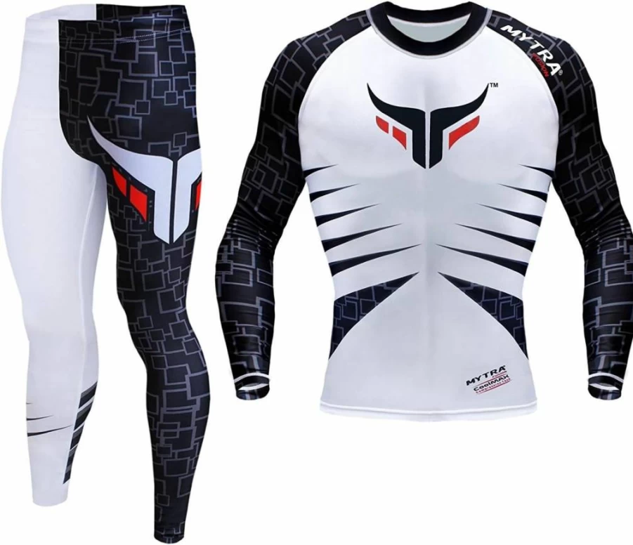 Mytra Fusion Men's & Boys' Compression Base Layer Set - Long Sleeve Top & Pants in White & Black