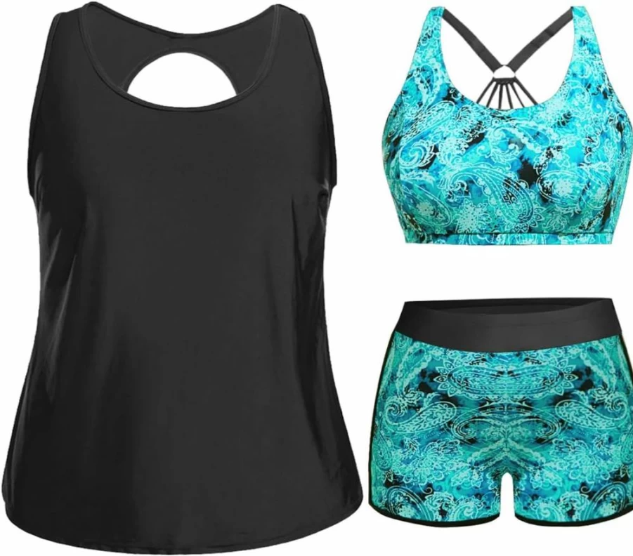 Holipick Plus Size Tummy Control Tankini Swimsuits for Women - 3 Piece Set with Sports Bra & Boy Shorts Bathing Suits