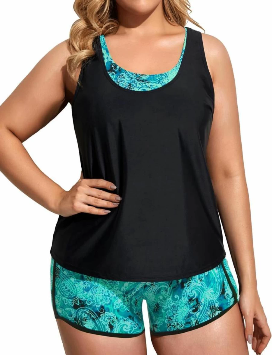 Holipick Plus Size Tummy Control Tankini Swimsuits for Women - 3 Piece Set with Sports Bra & Boy Shorts Bathing Suits