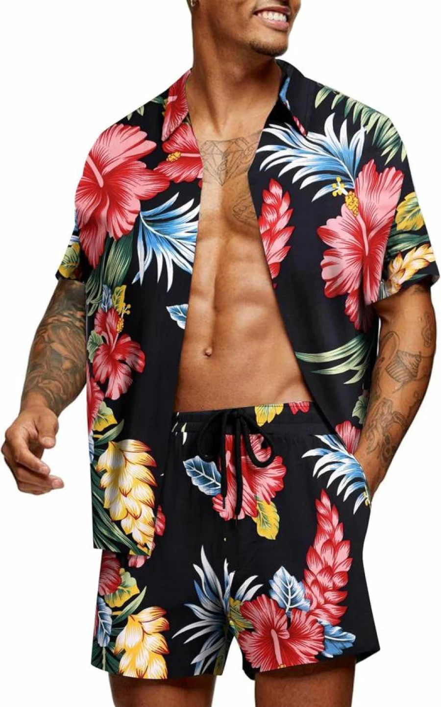 COOFANDY Men's Tropical Print Hawaiian Shirt and Shorts Set - Summer Beach Vacation Outfit